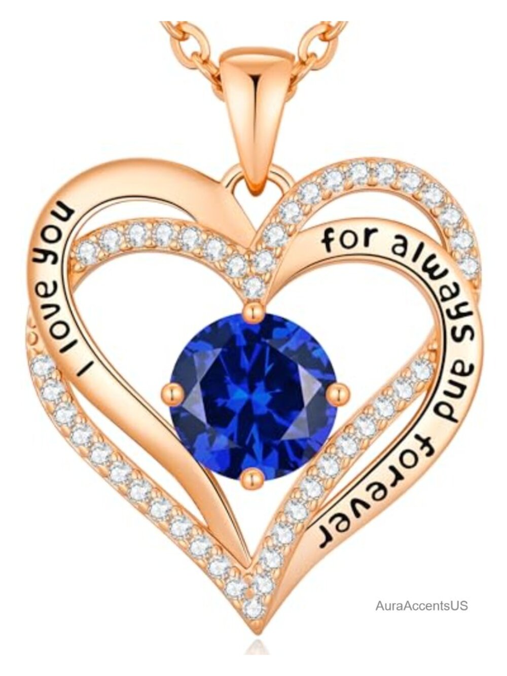 18K Rose Gold Plated Double Heart Pendant Necklace Birthstone Gift for Her